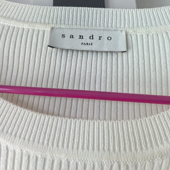 Sandro Paris White Ribbed Top with Sheer Flared Sleeves - Picture 4 of 12